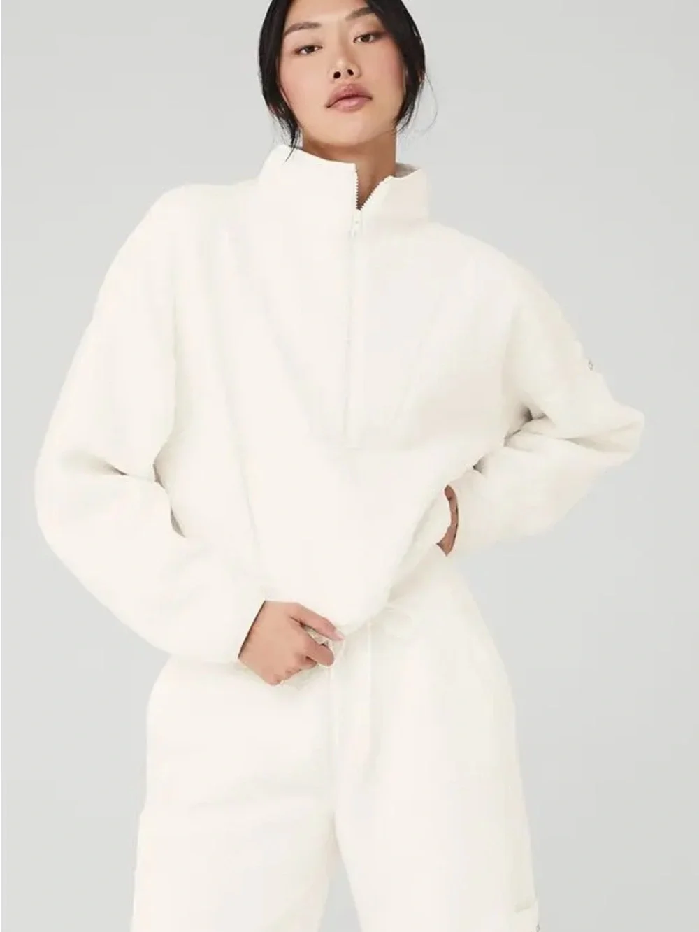 ALO Yoga Micro Sherpa Cozy Cabin Half Zip Pullover in Cream